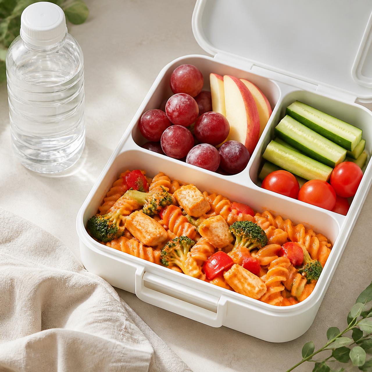 Open NourishKids meal box with chicken pasta, fresh fruit, cucumber sticks and water